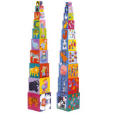 Vibrant cardboard blocks for stacking and tumbling, featuring whimsical illustrations for creative play and laughter.