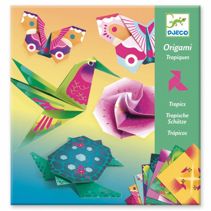 Vibrant Origami Set - Tropics with 24 neon-effect sheets for creative folding of tropical-themed art projects.