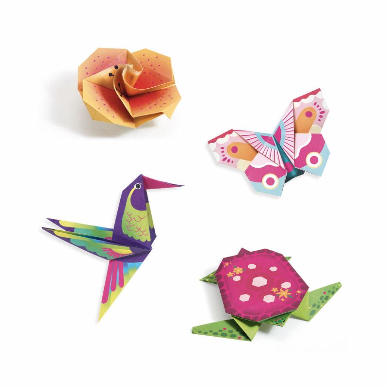 Vibrant origami set featuring 24 tropical-themed sheets with neon effects, perfect for creative folding projects.