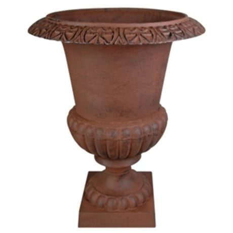 Elegant cast iron French urn with graceful curves, perfect for gardens, measuring 50 x 50 x 66cm.