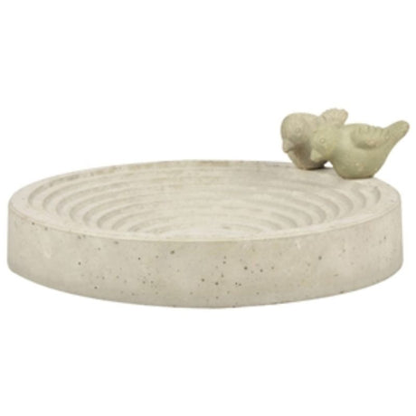 Concrete circular bird bath with steps for birds, featuring two perched birds and suitable for garden use.