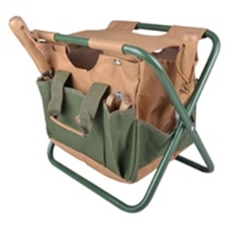 A foldable garden stool with a removable tool bag, designed for comfort and convenience while gardening, measuring 40 x 30 x 30cm.