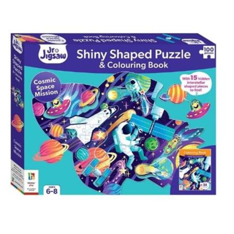 Colouring Book and Puzzle Set with cosmic scenes, 100-piece jigsaw, 24-page book for ages 6-8, inspires creativity and problem-solving.