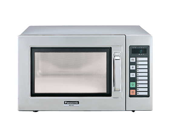 Commercial Panasonic NE-1037QDQ microwave oven with 1000W power, 22L capacity, stainless steel design, and 10 programmable keys.