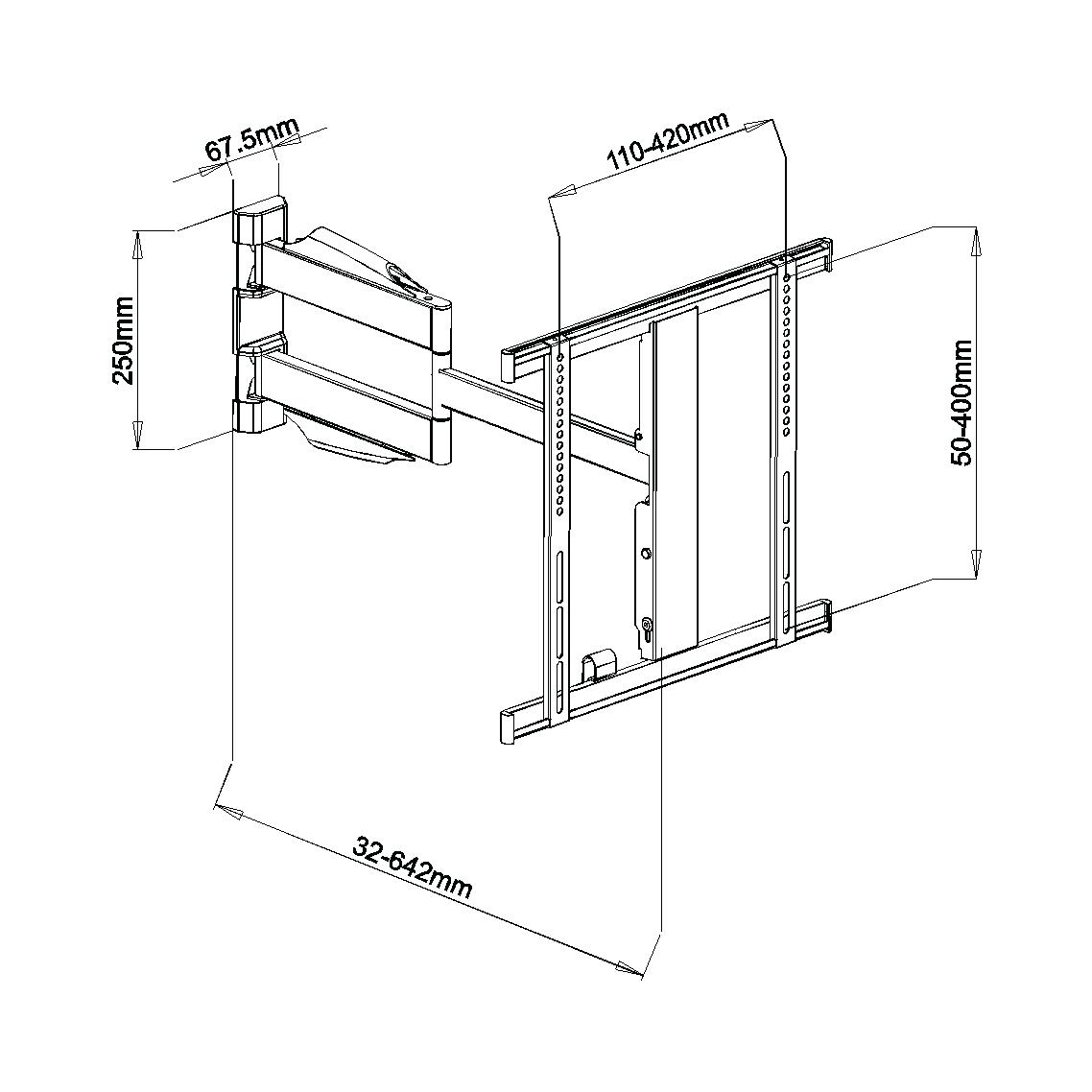 Slimline cantilever TV bracket for 32"-55" TVs, featuring 90° left swivel, 45° right swivel, and +/- 15° tilt in black.