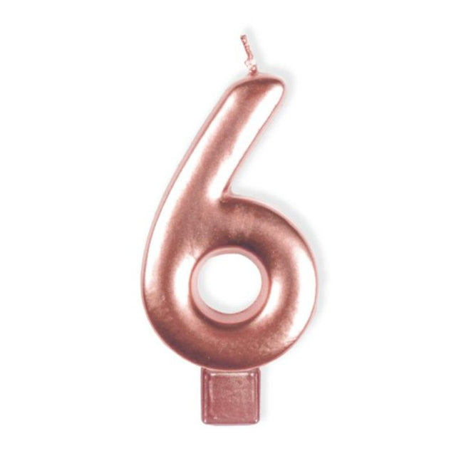 Rose gold #6 candle, 8cm tall, perfect for birthdays and celebrations, adds elegance to any cake.