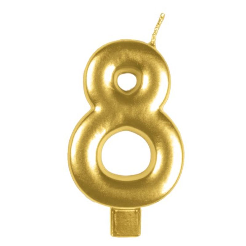 Candle Numeral Moulded Gold #8 measuring 8cm, perfect for adding elegance to birthdays and celebrations.