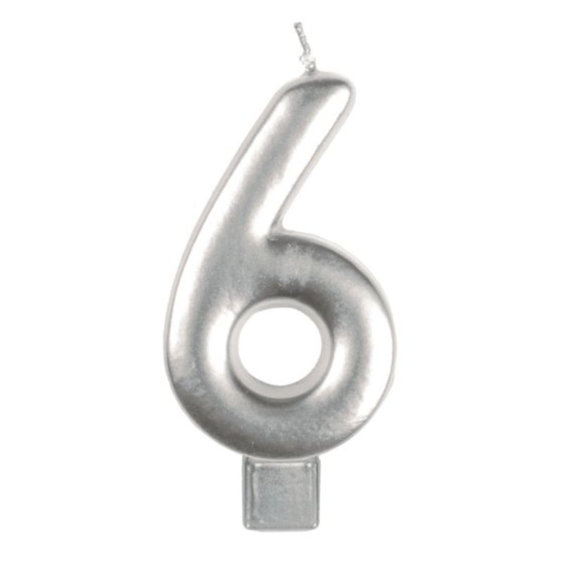 Elegant silver #6 numeral candle, 8cm tall, perfect for adding sophistication to birthday cakes and celebrations.