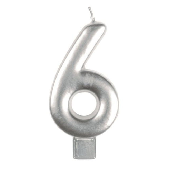 Elegant silver #6 numeral candle, 8cm tall, perfect for adding sophistication to birthday cakes and celebrations.