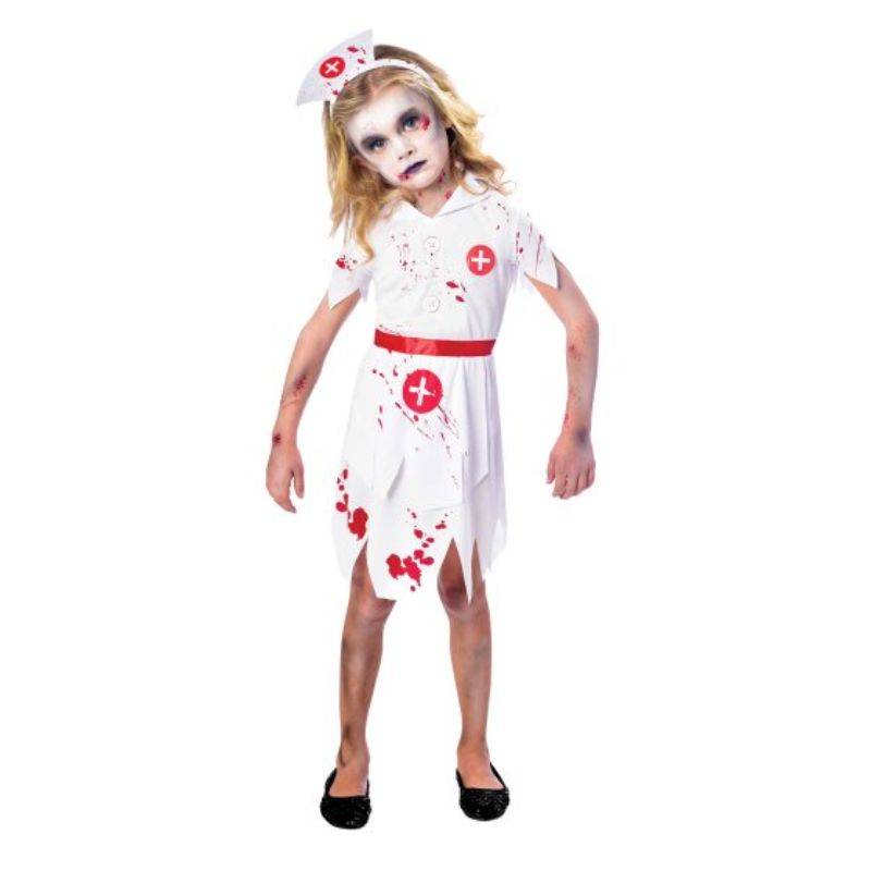 Zombie Nurse Costume for girls ages 9-10, featuring a distressed dress and eerie prints, perfect for Halloween fun.