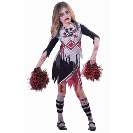 Zombie cheerleader costume for girls aged 5-6, featuring a tattered dress and matching pom poms for Halloween fun.