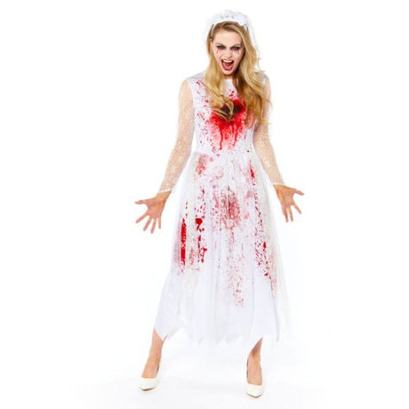 Hauntingly beautiful bloody bride costume for women, size 10-12, perfect for Halloween and spooky events.