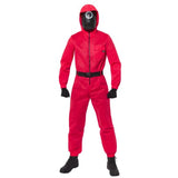 Deluxe Squid Game Guard costume with hooded jumpsuit, belt, three masks, and black gloves for immersive play.