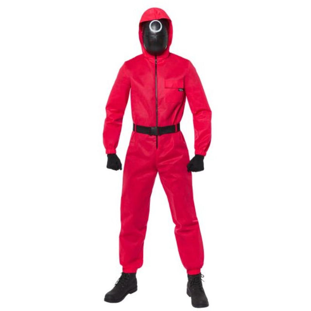 Deluxe Squid Game Guard costume featuring hooded jumpsuit, belt, three masks, and black gloves for themed events.