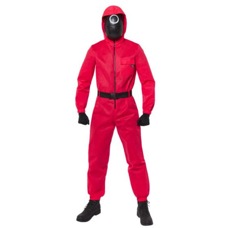 Deluxe XL Squid Game Guard costume with hooded jumpsuit, belt, 3 masks, and black gloves for themed parties and Halloween.