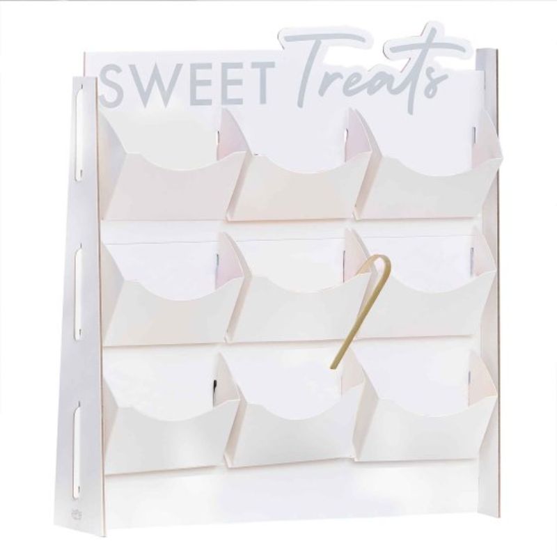 Colorful Mix It Up Treat Stand with 9 shelves, 10 treat bags, and tongs for serving sweets at parties and events.