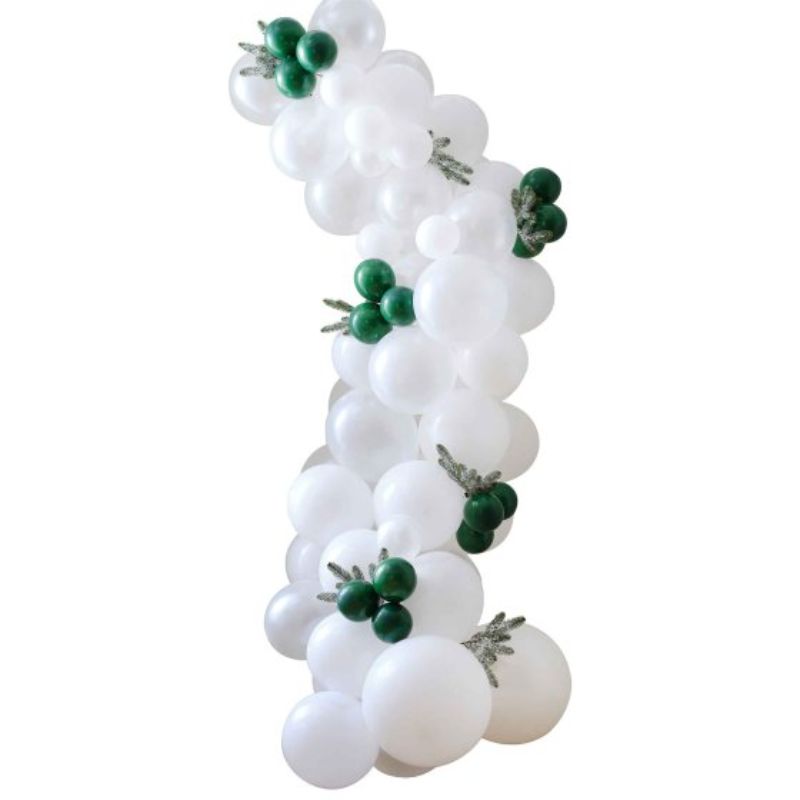 Nordic Noel Balloon Arch featuring 75 assorted balloons and foliage for festive winter celebrations and eco-friendly decor.