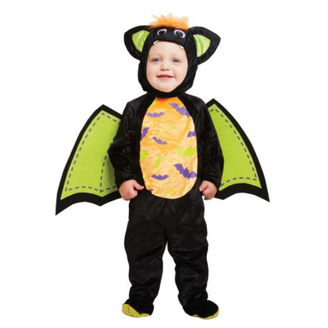 Iddy Biddy Bat costume for toddlers features a romper, hat with ears, and felt wings for imaginative Halloween fun.