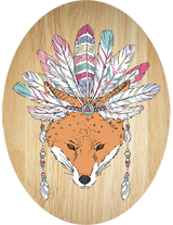 Tribal Fox plywood oval wall art, eco-friendly and uniquely designed, perfect for enhancing home decor and easy to hang.