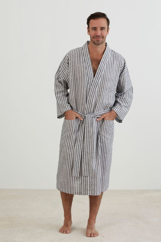 Lightweight grey and white striped kimono-style bathrobe with pockets and waist tie, ethically made from cotton-linen blend.