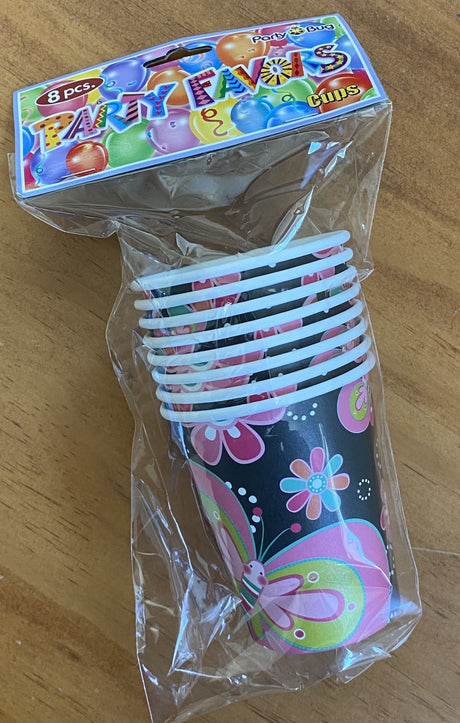 Charming butterfly design paper cups (pack of 8) for stylish drinks at parties, baby showers, and picnics.