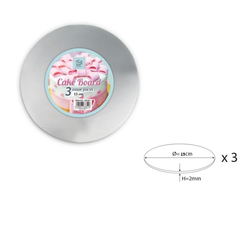 Cake Board - Bake Art Silver 2mm 15cm x 3's (24 Packs)