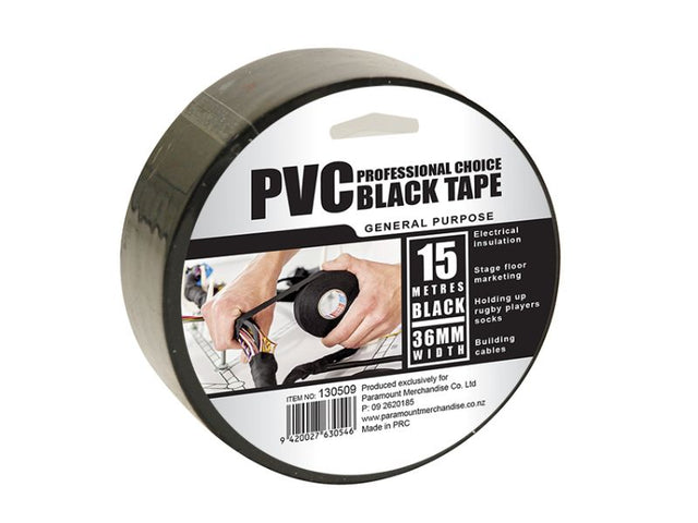 Durable black PVC electrical insulation tape, 36mm x 15m rolls in a set of 36 for reliable wiring and repairs.