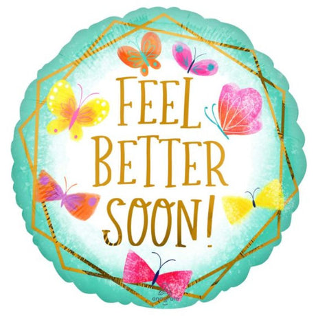 Teal and gold 'Feel Better Soon' self-sealing foil balloon, perfect for uplifting get well wishes.