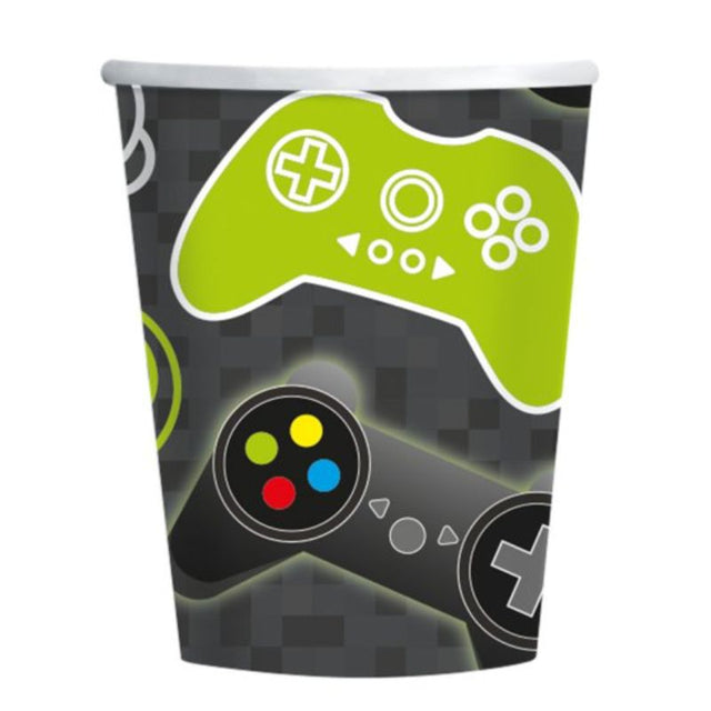 Pack of 8 eco-friendly 250ml paper cups with a fun gaming design, perfect for beverages at gaming events or parties.