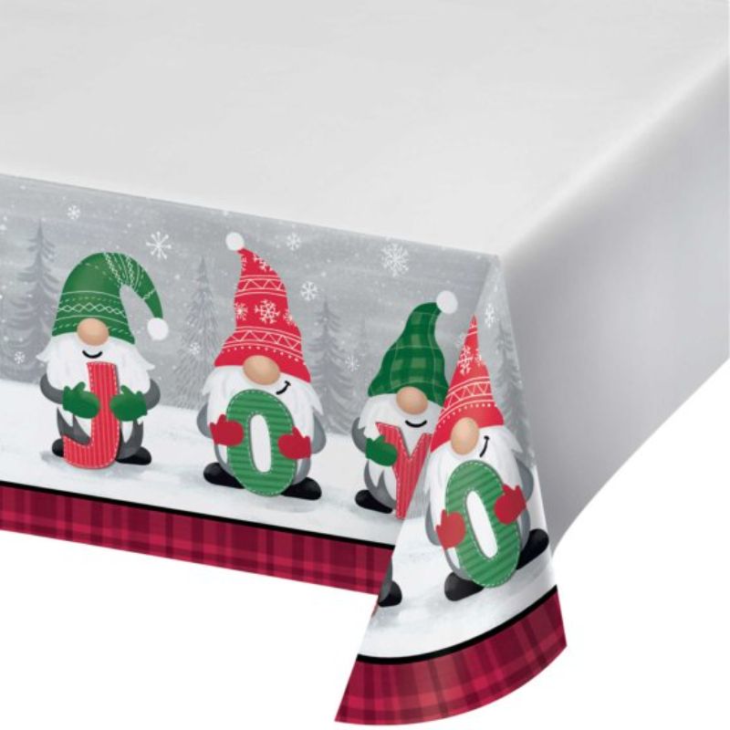 Whimsical Holiday Gnomes tablecover, 137cm x 259cm, perfect for festive gatherings and easy cleanup.