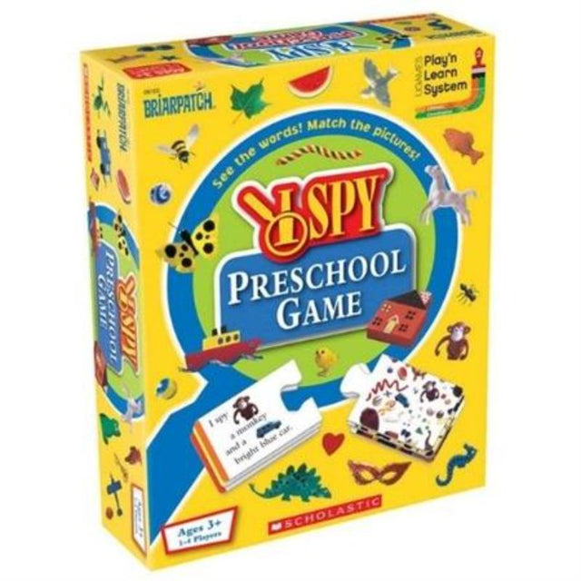 Colorful I Spy Preschool Game for ages 3+, featuring 5 engaging games to boost literacy and memory skills.