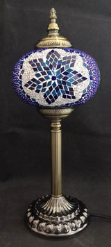 Tall blue Turkish mosaic lamp (47cm) showcasing intricate patterns, perfect for creating ambiance and enhancing home decor.