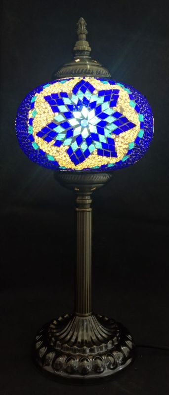 Tall Turkish Mosaic Lamp in blue (47cm) featuring intricate patterns, handcrafted artistry, and an enchanting warm glow.