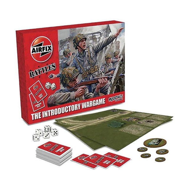 Tabletop wargame set featuring maps, counters, cards, and dice for strategic military gameplay.