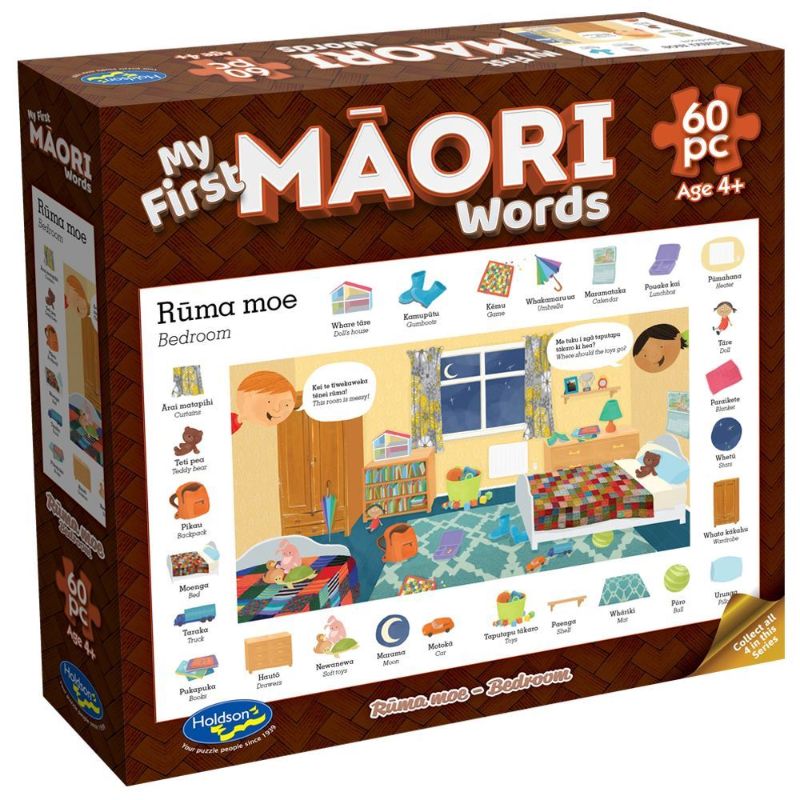 60-piece puzzle featuring colorful bedroom imagery, bilingual labels in M?ori and English for early language learning.