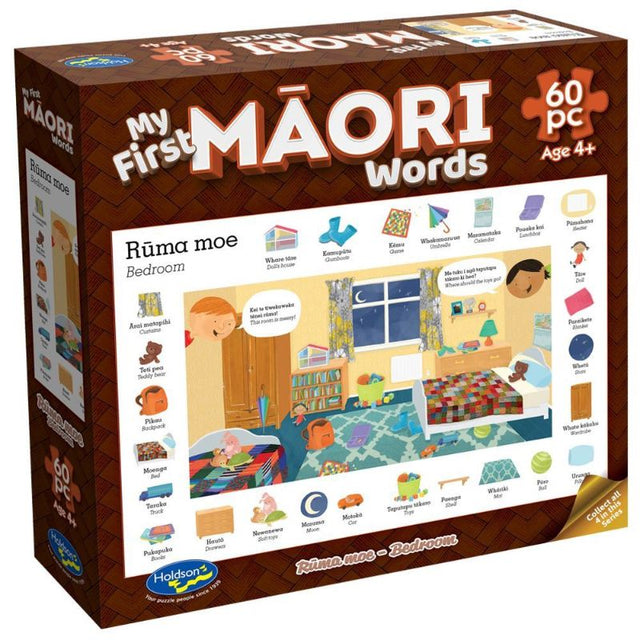 60-piece puzzle featuring colorful bedroom imagery, bilingual labels in M?ori and English for early language learning.