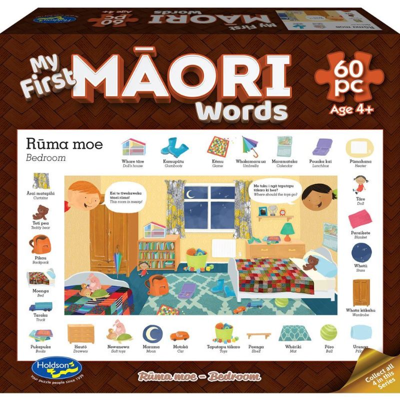 Colorful 60-piece puzzle featuring bedroom items, introducing M?ori words to early learners in an engaging way.