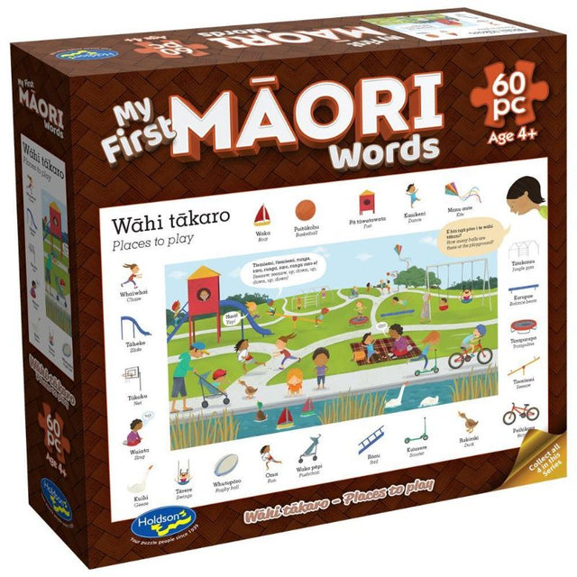 Vibrant 60-piece puzzle featuring M?ori words for places to play, perfect for young learners aged 4 and up.