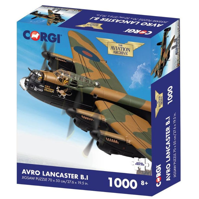 Corgi Puzzle featuring the Avro Lancaster, a 1000-piece jigsaw ideal for aviation enthusiasts and puzzlers aged 8 and up.