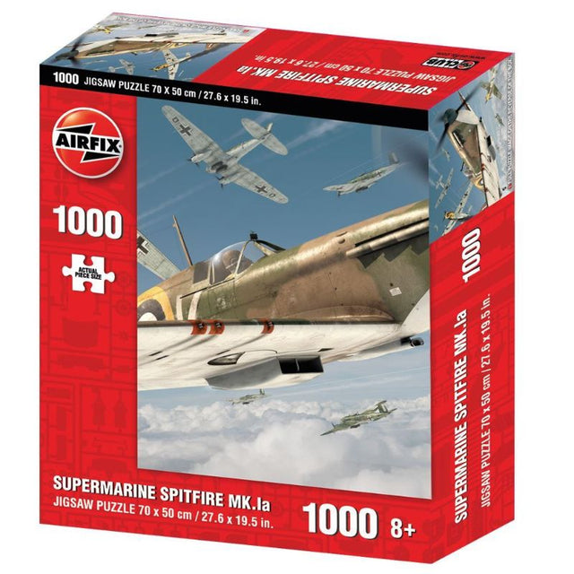 Airfix 1000-piece puzzle featuring dynamic artwork of the iconic Supermarine Spitfire MK.Ia for aviation enthusiasts.