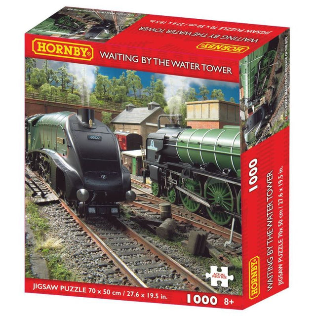 Hornby Puzzle 1000pc featuring a serene water tower scene, perfect for family fun and model railway enthusiasts.