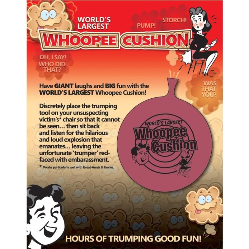 Giant over 12-inch whoopee cushion, perfect for pranks and parties, delivers laughter without unpleasant odors.