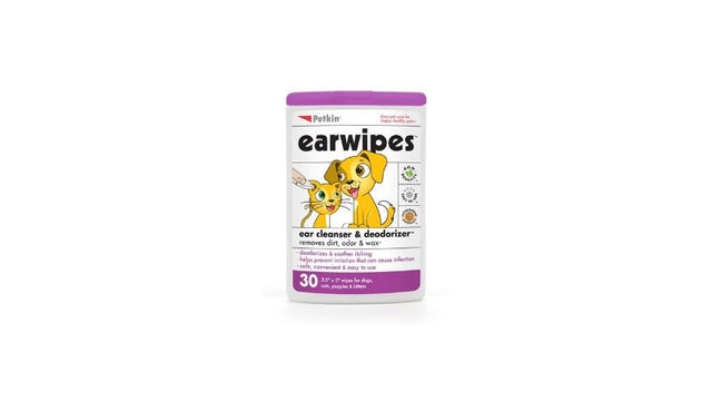 Pet ear wipes in a 30-pack, designed to clean, deodorize, and soothe with eco-friendly, veterinarian-approved formula.