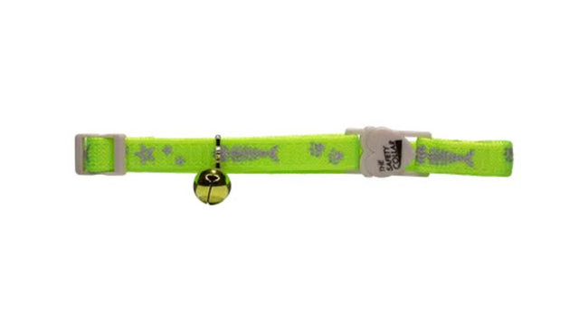 Bright green nylon cat safety collar with reflective fish pattern, adjustable fit, and break-away clip for safety.