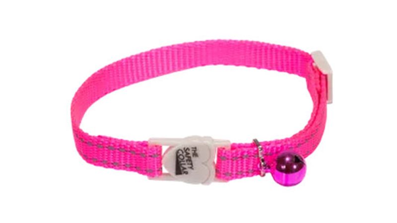 Pink cat safety collar with reflective thread, adjustable fit, break-away clip, and anodized bell for outdoor safety.