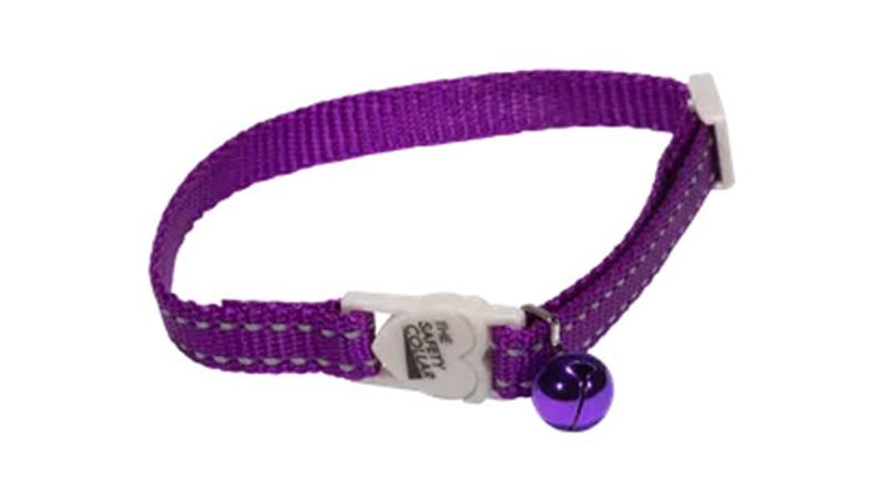 Purple cat safety collar with reflective thread, adjustable fit, break-away clip, and anodised bell for visibility and protection.