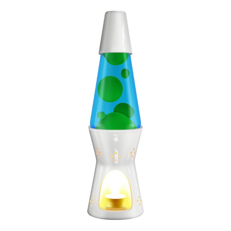 Lava Candle Lamp in glossy white, yellow, and blue, 11.5 inches tall, creating mesmerizing color flow for a soothing ambiance.