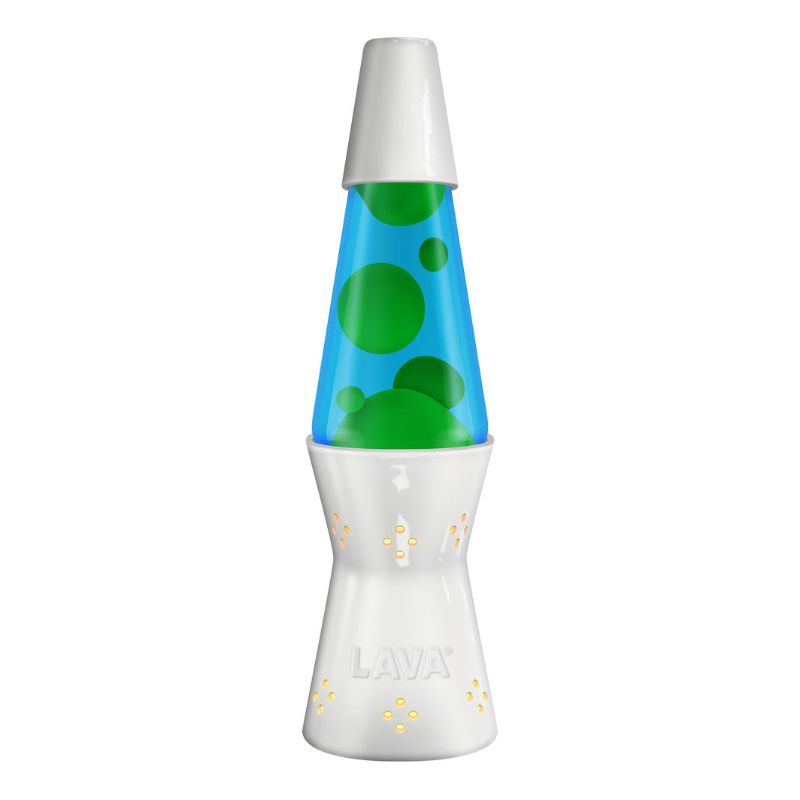 Lava Candle Lamp in glossy white, yellow, and blue, 11.5" tall, creates a soothing colorful ambiance for any space.