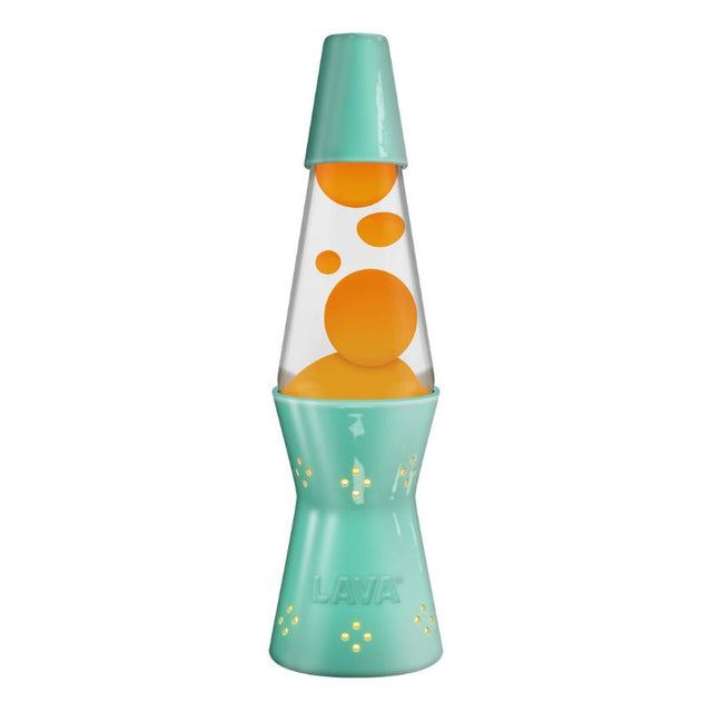 Vibrant 11.5" Lava Candle Lamp in turquoise, orange, and clear, featuring flowing wax for a captivating ambiance.