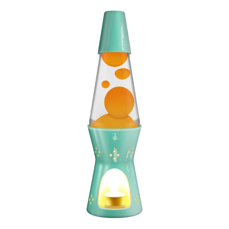 Lava Candle Lamp in turquoise, orange, and clear, 11.5 inches tall, creates a vibrant, soothing ambiance with flowing wax.